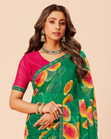 Vishal Prints Dark Spring Green Printed Fancy Chiffon Saree With Border