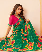 Vishal Prints Dark Spring Green Printed Fancy Chiffon Saree With Border