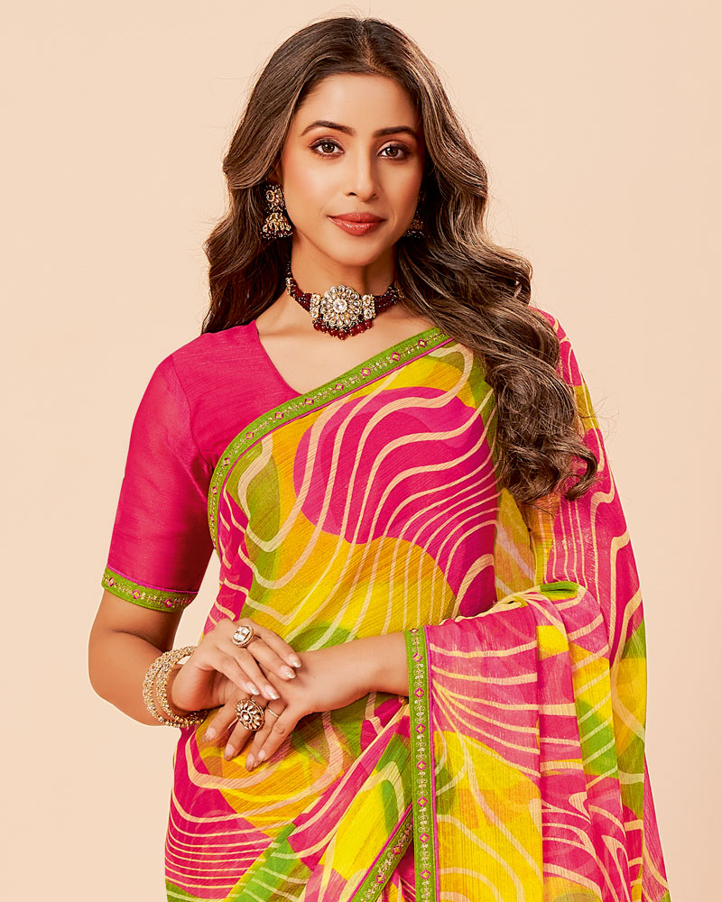 Vishal Prints Mustard Yellow Printed Fancy Chiffon Saree With Border