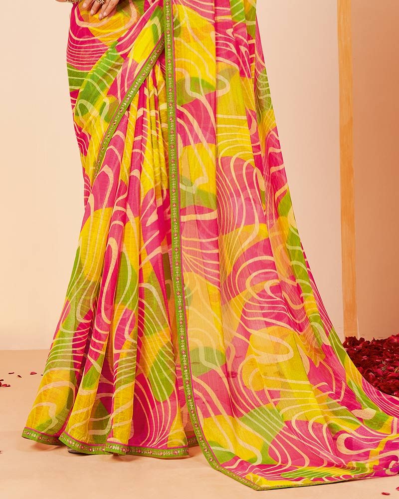 Vishal Prints Mustard Yellow Printed Fancy Chiffon Saree With Border