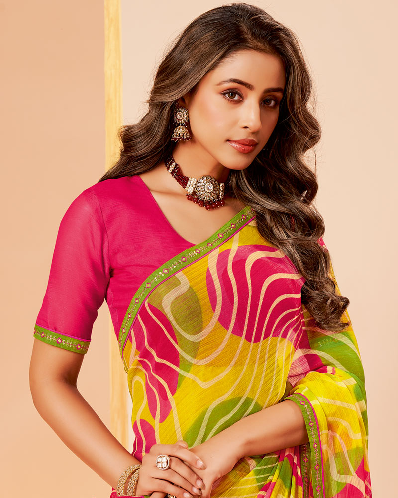 Vishal Prints Mustard Yellow Printed Fancy Chiffon Saree With Border