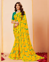 Vishal Prints Golden Yellow Printed Fancy Chiffon Saree With Border