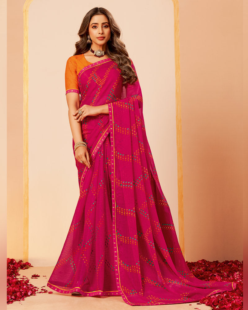 Vishal Prints Dark Hot Pink Printed Fancy Chiffon Saree With Border