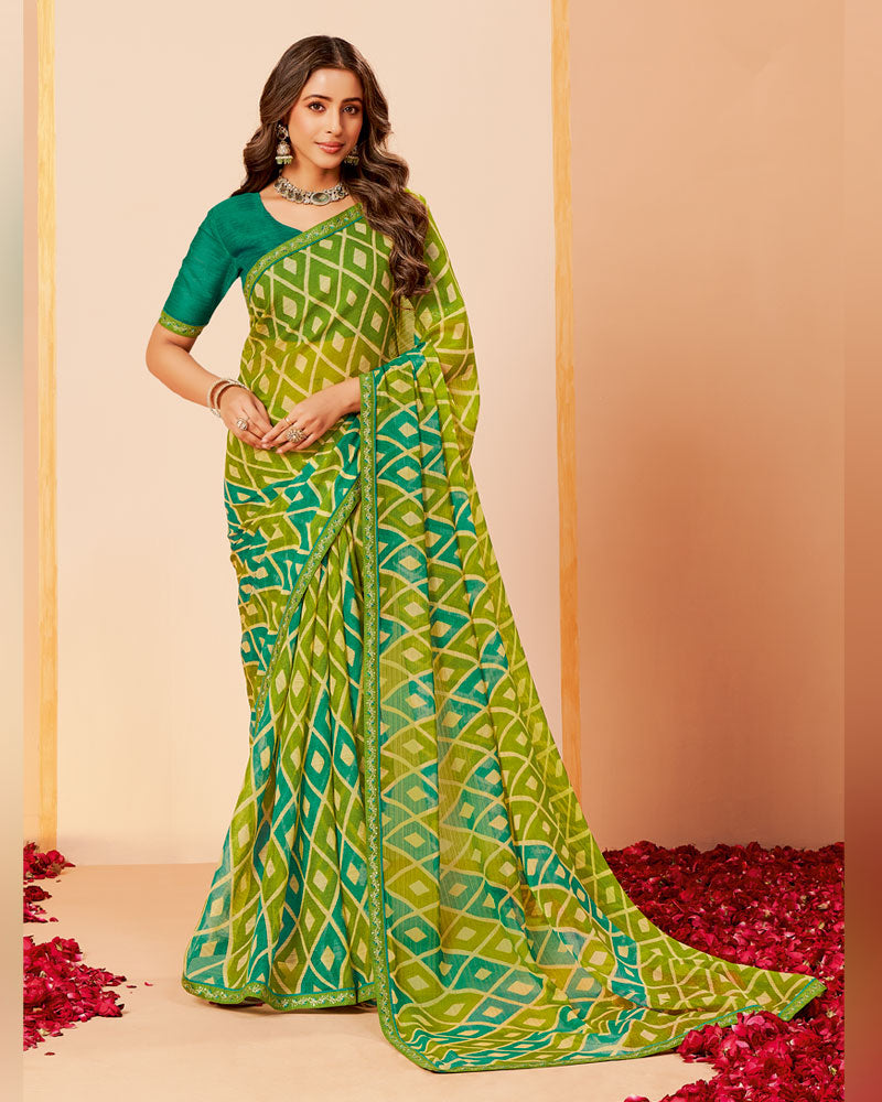 Vishal Prints Moss Green Printed Fancy Chiffon Saree With Border