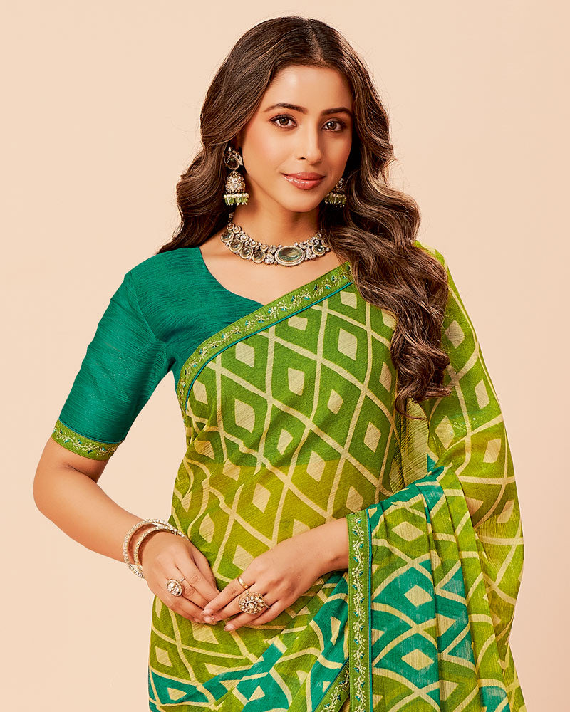 Vishal Prints Moss Green Printed Fancy Chiffon Saree With Border