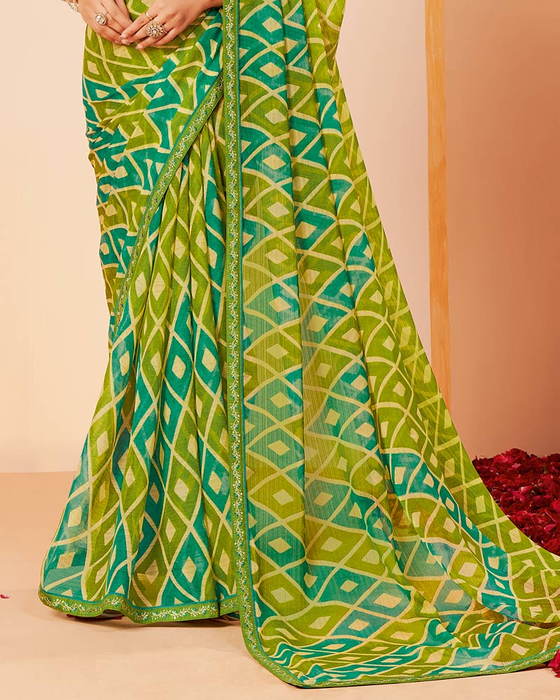 Vishal Prints Moss Green Printed Fancy Chiffon Saree With Border