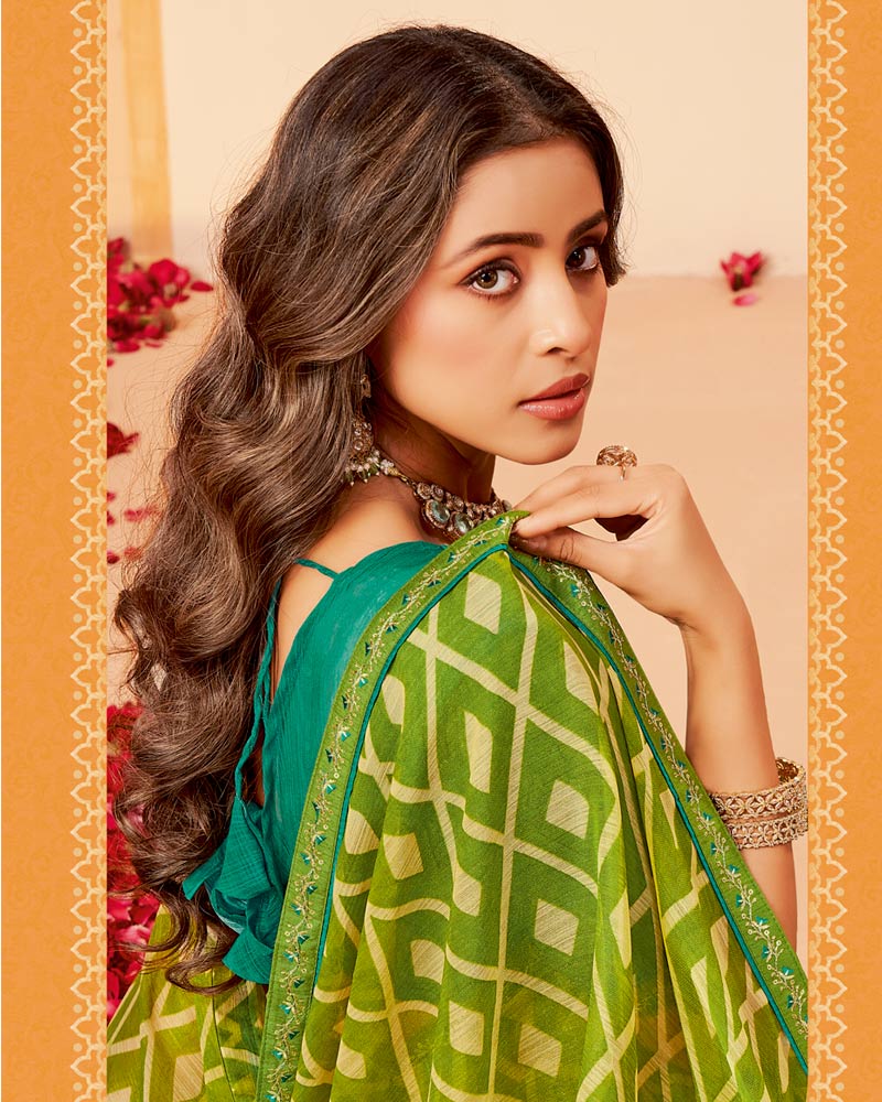 Vishal Prints Moss Green Printed Fancy Chiffon Saree With Border