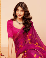 Vishal Prints Dark Purple Red Printed Fancy Chiffon Saree With Border