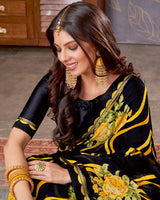 Vishal Prints Black And Golden Yellow Printed Georgette Saree With Fancy Border