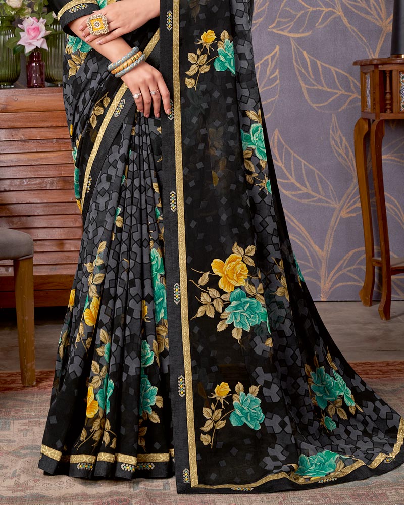 Vishal Prints Black And Spring Green Printed Georgette Saree With Fancy Border