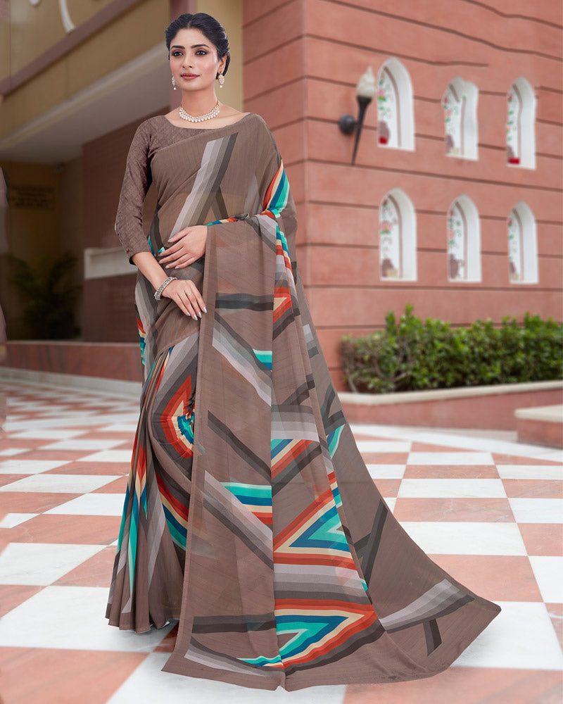 Vishal Prints Russett Brown Digital Print Weightless Georgette Saree