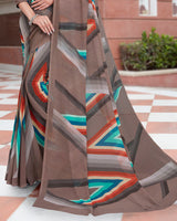 Vishal Prints Russett Brown Digital Print Weightless Georgette Saree