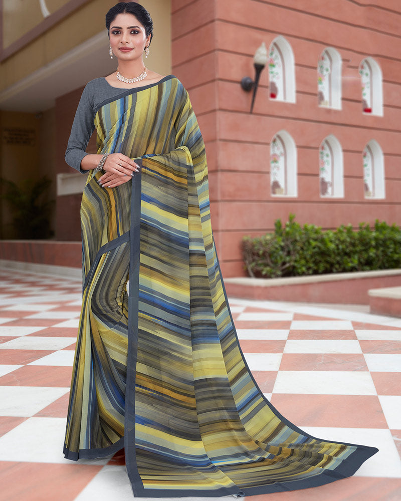 Vishal Prints Light Yellow Digital Print Weightless Georgette Saree