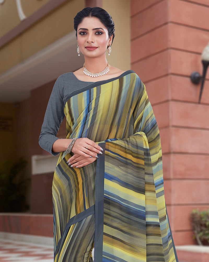 Vishal Prints Light Yellow Digital Print Weightless Georgette Saree
