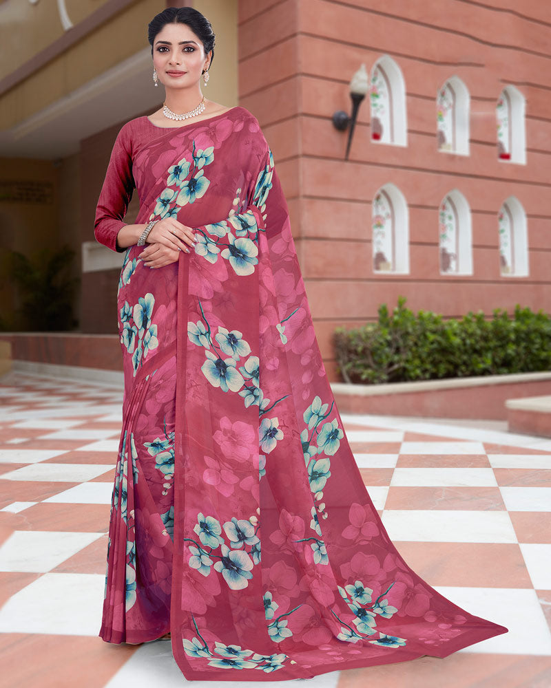 Vishal Prints Cherry Pink Digital Print Weightless Georgette Saree