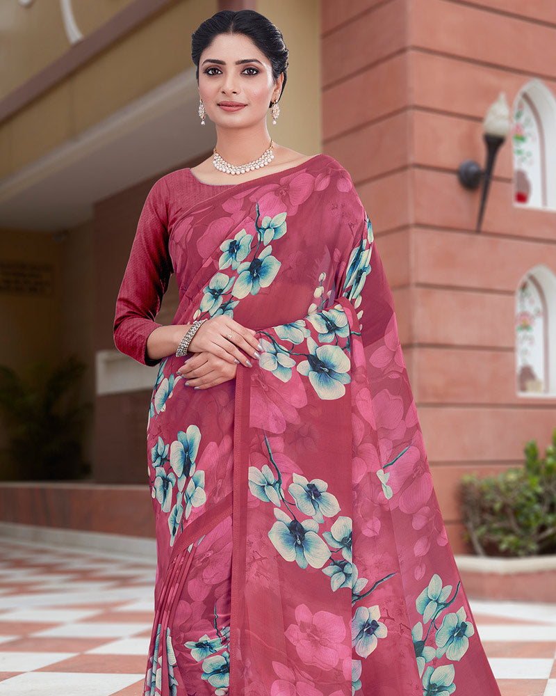Vishal Prints Cherry Pink Digital Print Weightless Georgette Saree