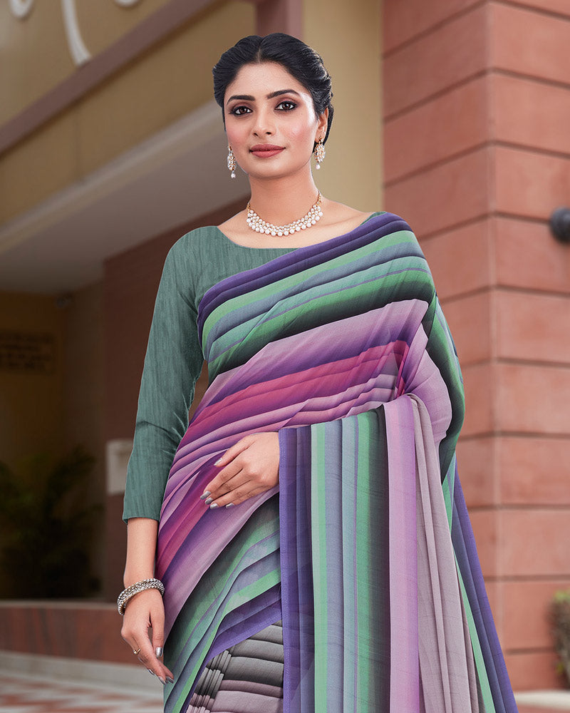 Vishal Prints Blue Smoke Green Digital Print Weightless Georgette Saree