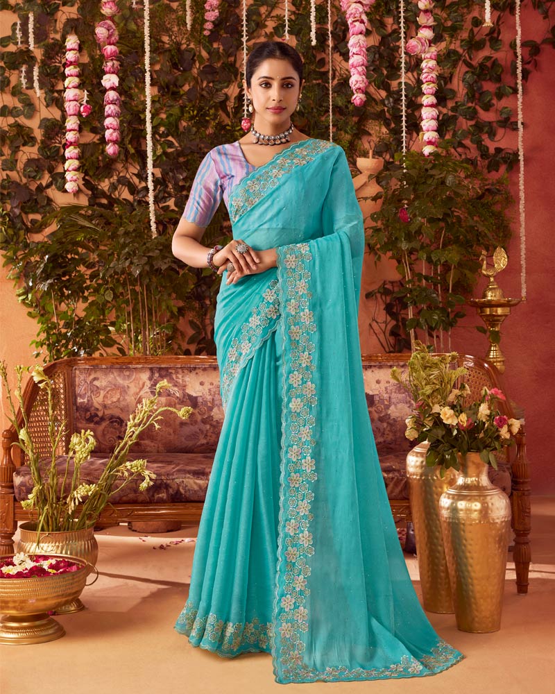 Vishal Prints Light Sea Green Designer Organza Saree With Embroidery-Diamond Work And Cut Work Border