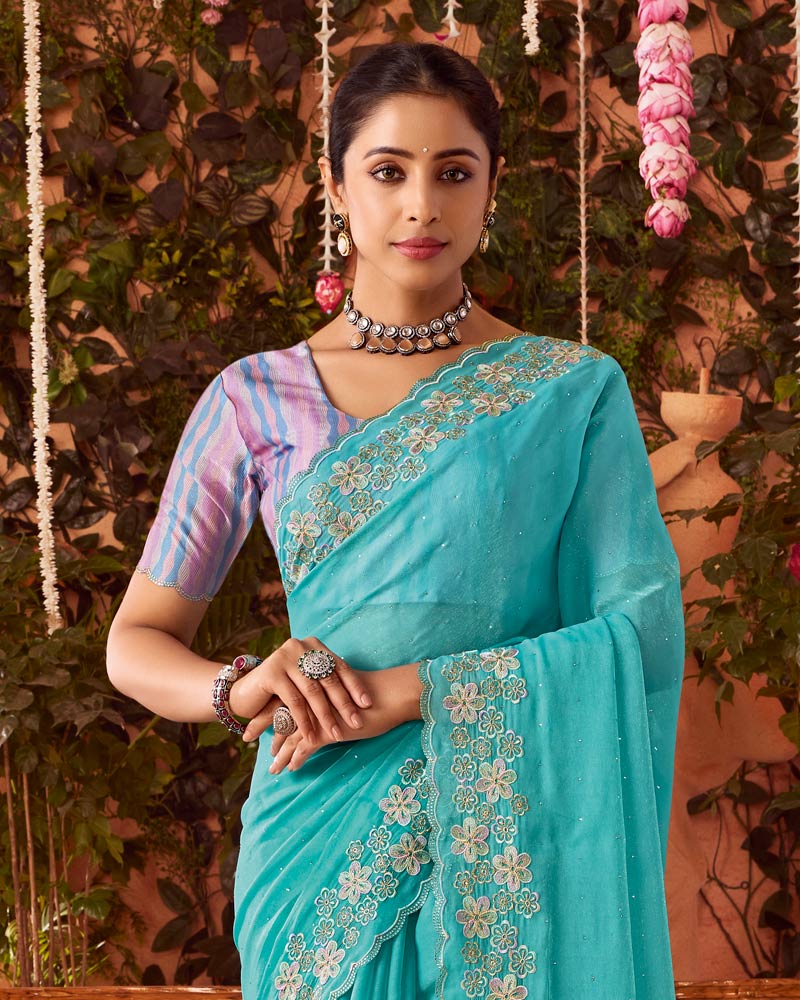 Vishal Prints Light Sea Green Designer Organza Saree With Embroidery-Diamond Work And Cut Work Border