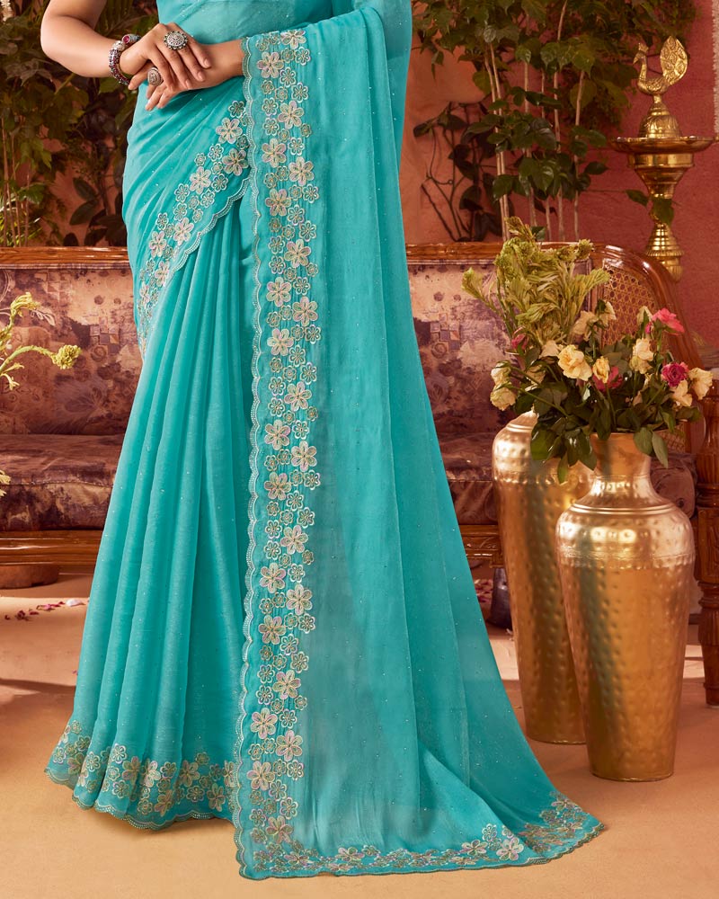 Vishal Prints Light Sea Green Designer Organza Saree With Embroidery-Diamond Work And Cut Work Border