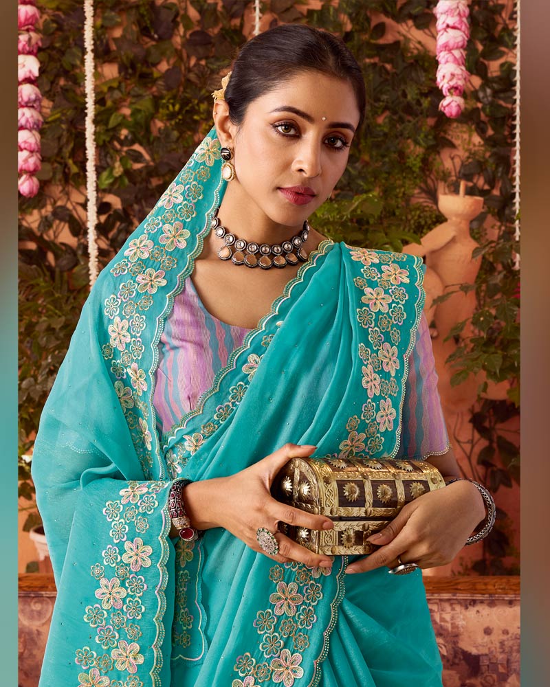 Vishal Prints Light Sea Green Designer Organza Saree With Embroidery-Diamond Work And Cut Work Border