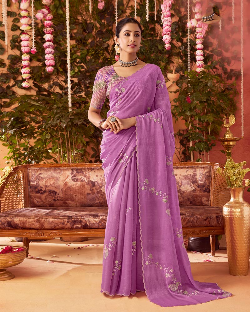 Vishal Prints Dusky Purple Designer Organza Saree With Embroidery-Diamond Work And Cut Work Border