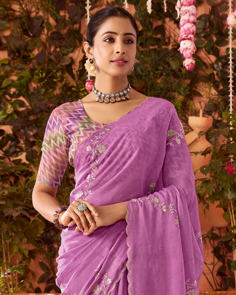 Vishal Prints Dusky Purple Designer Organza Saree With Embroidery-Diamond Work And Cut Work Border