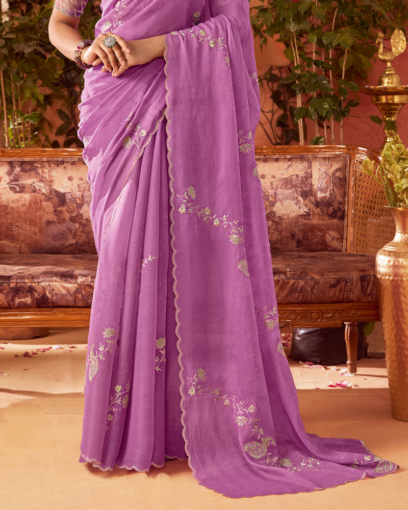Vishal Prints Dusky Purple Designer Organza Saree With Embroidery-Diamond Work And Cut Work Border