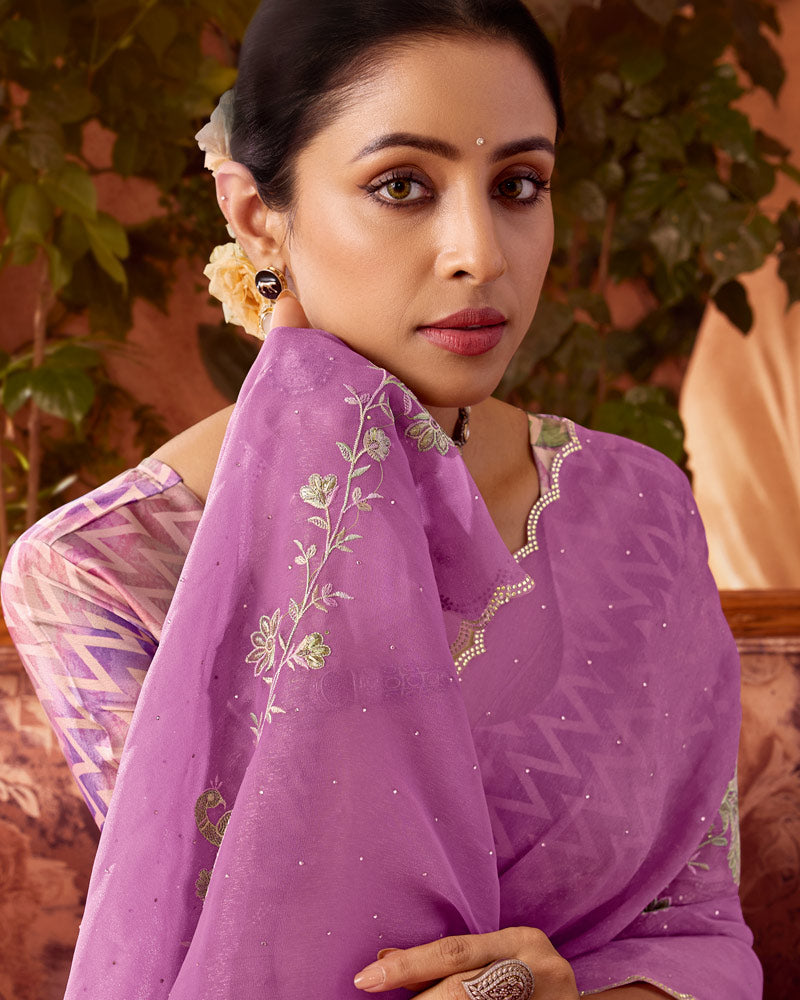 Vishal Prints Dusky Purple Designer Organza Saree With Embroidery-Diamond Work And Cut Work Border