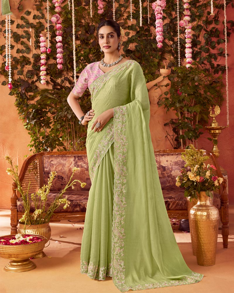 Vishal Prints Light Olive Green Designer Organza Saree With Embroidery-Diamond Work And Cut Work Border