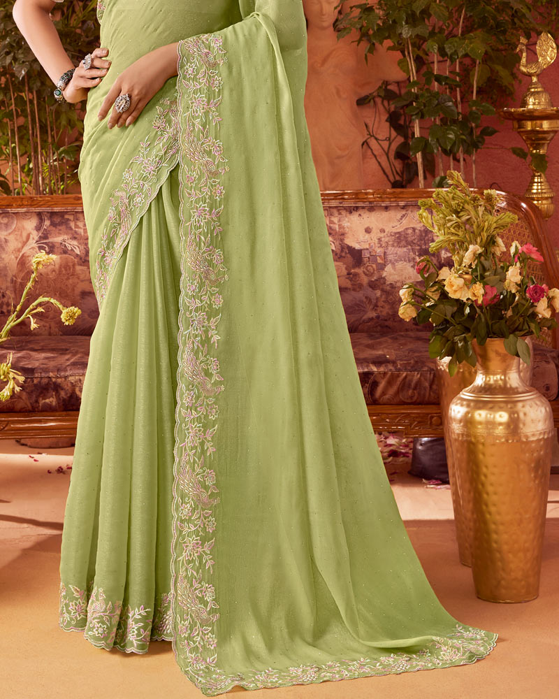 Vishal Prints Light Olive Green Designer Organza Saree With Embroidery-Diamond Work And Cut Work Border