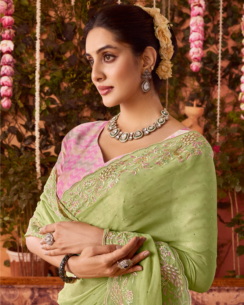 Vishal Prints Light Olive Green Designer Organza Saree With Embroidery-Diamond Work And Cut Work Border