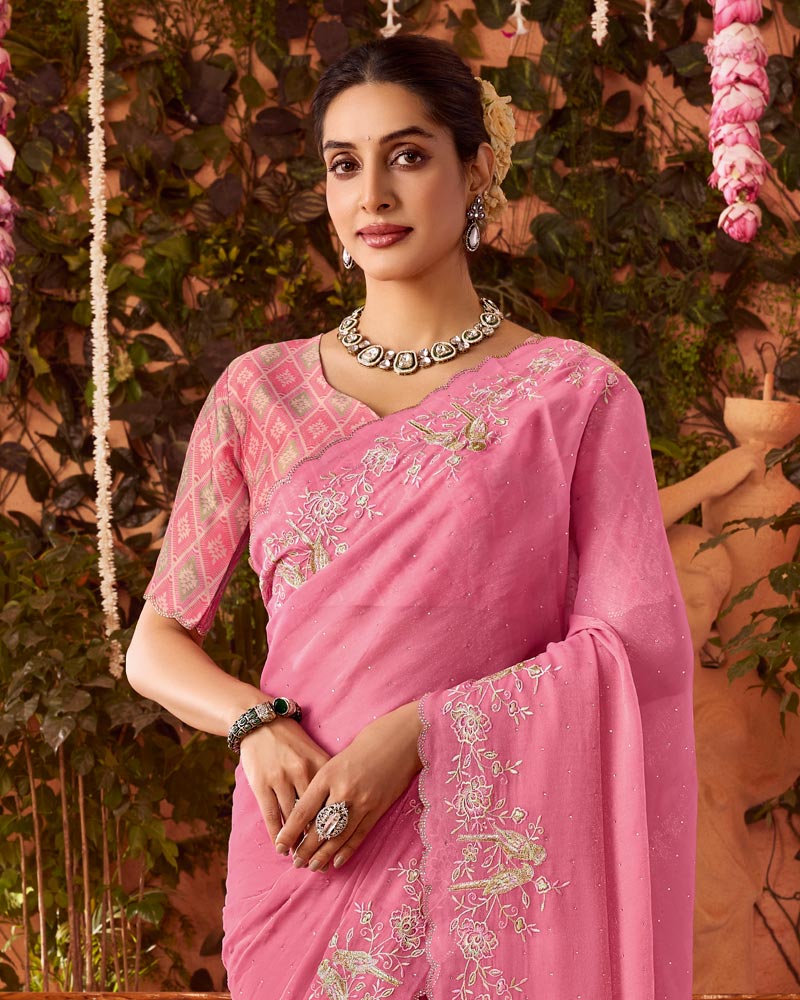 Vishal Prints Deep Blush Pink Designer Organza Saree With Embroidery-Diamond Work And Cut Work Border