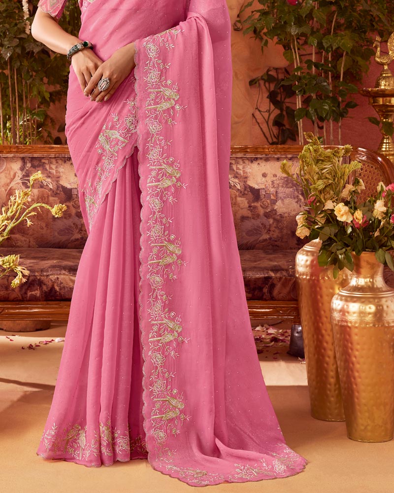 Vishal Prints Deep Blush Pink Designer Organza Saree With Embroidery-Diamond Work And Cut Work Border