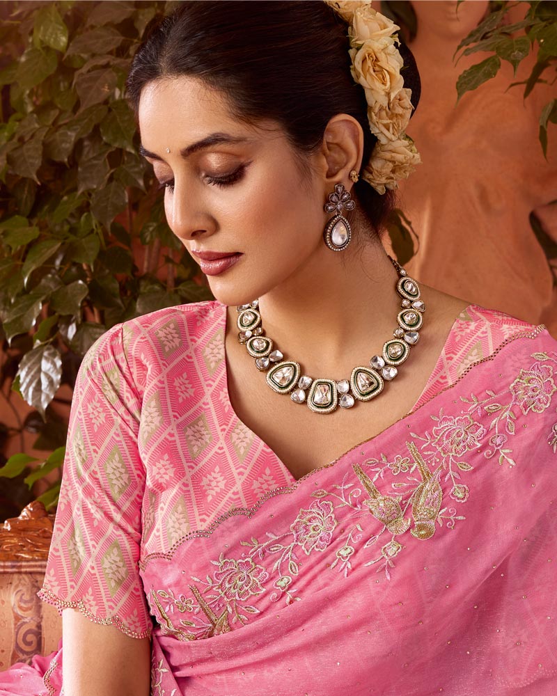 Vishal Prints Deep Blush Pink Designer Organza Saree With Embroidery-Diamond Work And Cut Work Border