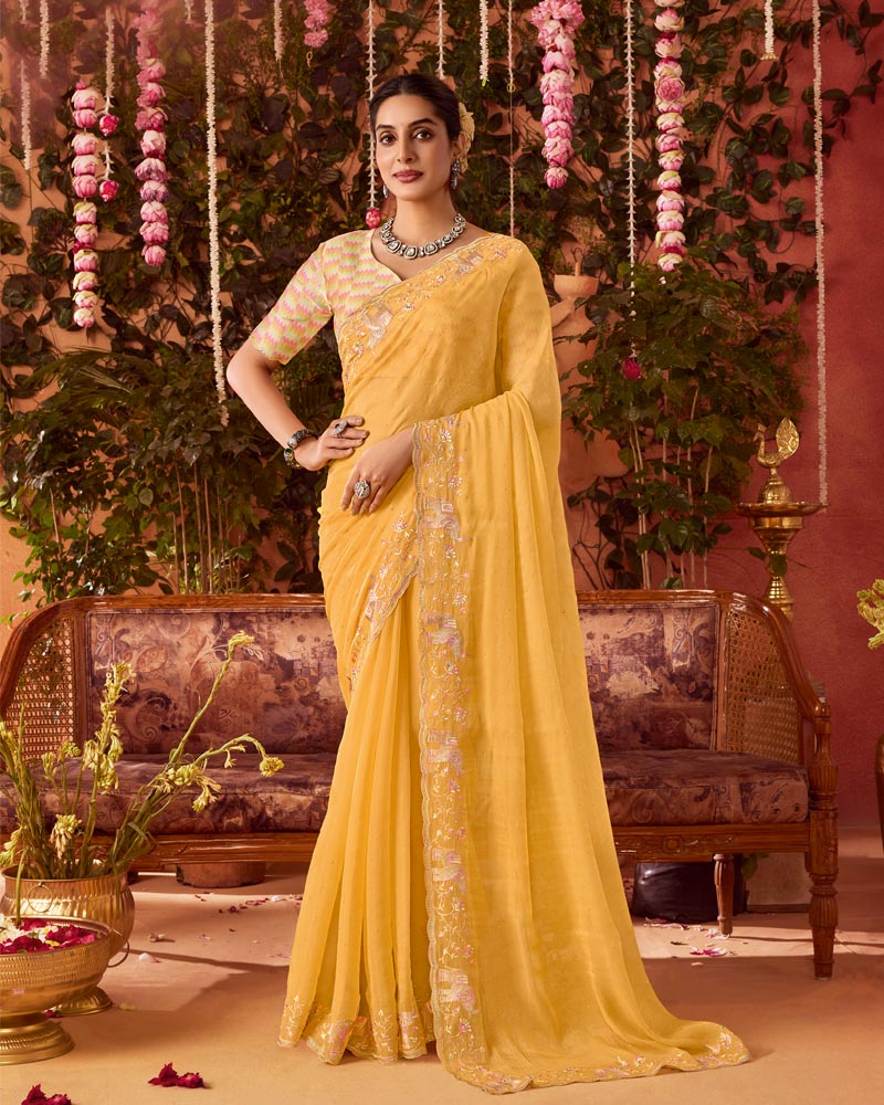 Vishal Prints Light Apricot Orange Designer Organza Saree With Embroidery-Diamond Work And Cut Work Border