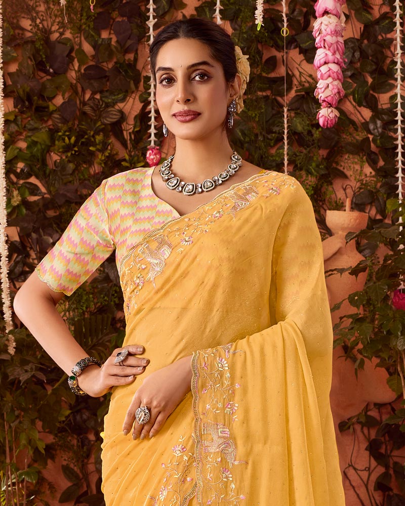 Vishal Prints Light Apricot Orange Designer Organza Saree With Embroidery-Diamond Work And Cut Work Border