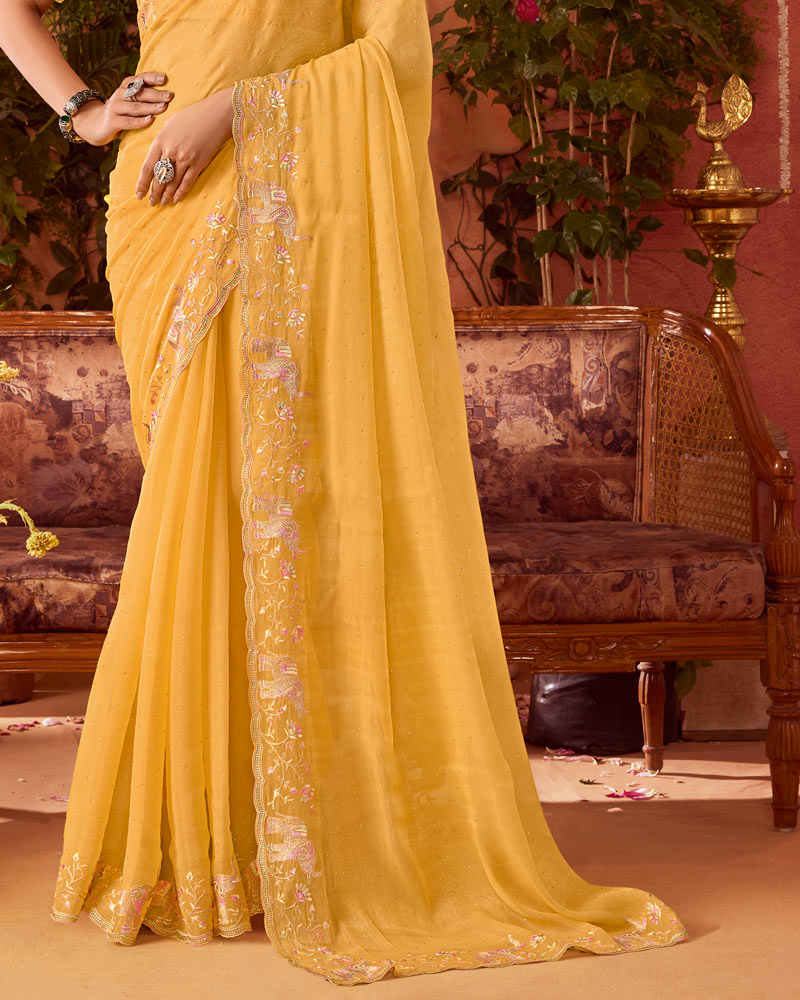 Vishal Prints Light Apricot Orange Designer Organza Saree With Embroidery-Diamond Work And Cut Work Border