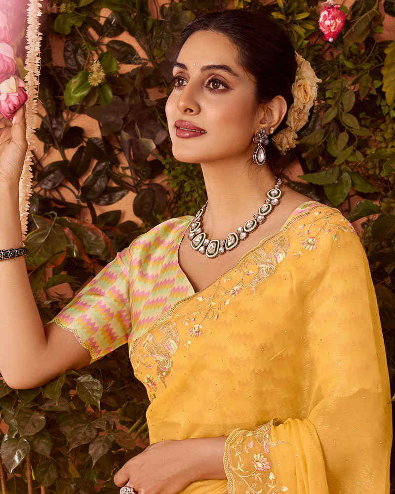Vishal Prints Light Apricot Orange Designer Organza Saree With Embroidery-Diamond Work And Cut Work Border