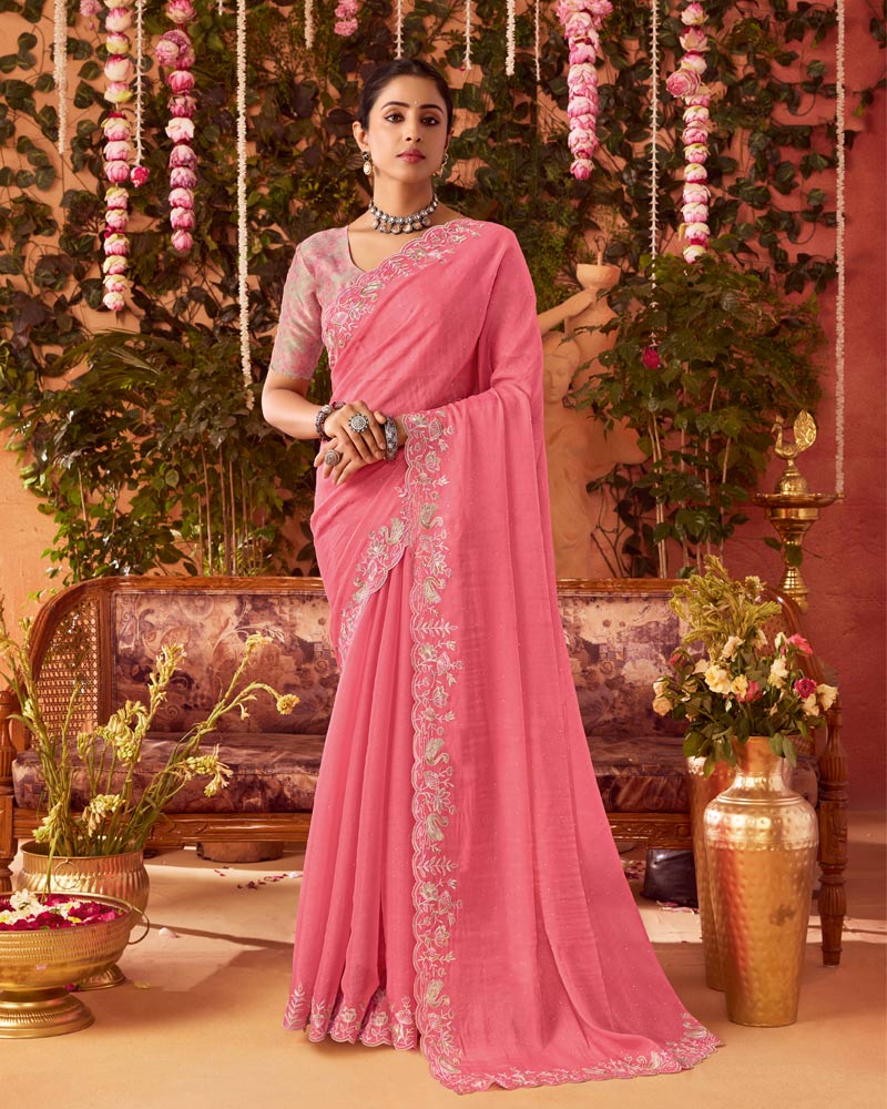 Vishal Prints Light Coral Pink Designer Organza Saree With Embroidery-Diamond Work And Cut Work Border