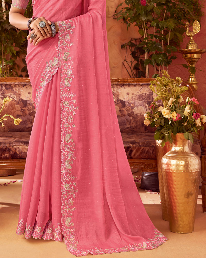 Vishal Prints Light Coral Pink Designer Organza Saree With Embroidery-Diamond Work And Cut Work Border
