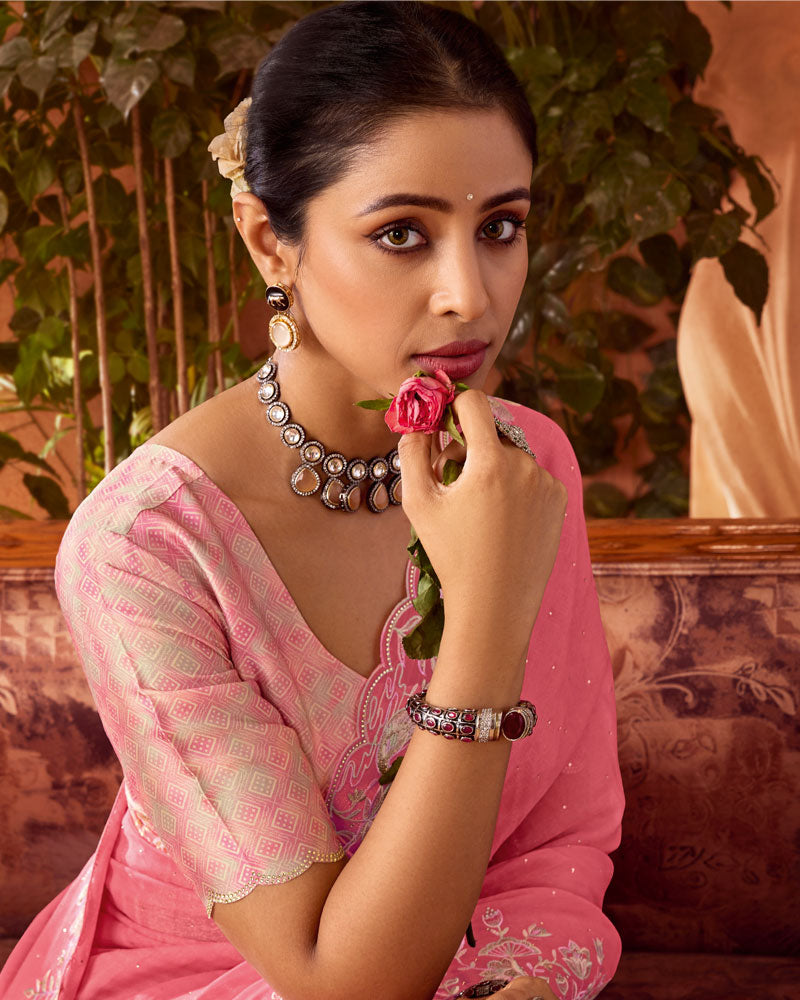 Vishal Prints Light Coral Pink Designer Organza Saree With Embroidery-Diamond Work And Cut Work Border