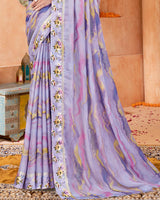Vishal Prints Lavender Grey Digital Print Chiffon Saree With Foil Print And Weaved Satin Patta