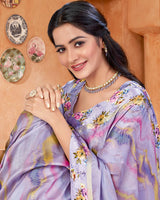 Vishal Prints Lavender Grey Digital Print Chiffon Saree With Foil Print And Weaved Satin Patta