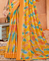 Vishal Prints Saffron Color Digital Print Chiffon Saree With Foil Print And Weaved Satin Patta