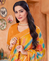Vishal Prints Saffron Color Digital Print Chiffon Saree With Foil Print And Weaved Satin Patta