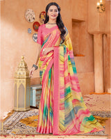 Vishal Prints Froly Pink Digital Print Chiffon Saree With Foil Print And Weaved Satin Patta