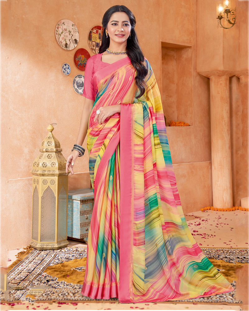 Vishal Prints Froly Pink Digital Print Chiffon Saree With Foil Print And Weaved Satin Patta