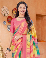 Vishal Prints Froly Pink Digital Print Chiffon Saree With Foil Print And Weaved Satin Patta