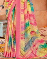 Vishal Prints Froly Pink Digital Print Chiffon Saree With Foil Print And Weaved Satin Patta
